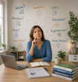 eine Dame mittleren Alters am Schreibtisch schaut fragend in die Luft. vor ihr Bücher zu Finanz-Themen, hinter ihr an der Wand Begriffe der Finanzwelt &copy; KI-generiert mit CoPilot 19.01.2026