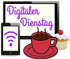 Illustration einer Kaffeetasche, eines Muffin und dahinter digitale Geräte mit einem WLAN Symbol und der Aufschrift Digitaler Dienstag &copy; ebw