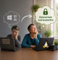 Zwei Damen, links in grau eine frustrierte mit Windows Laptop, rechts eine glückliche mit Linux-Laptop &copy; ki-generiert mit ChatGPT 250626